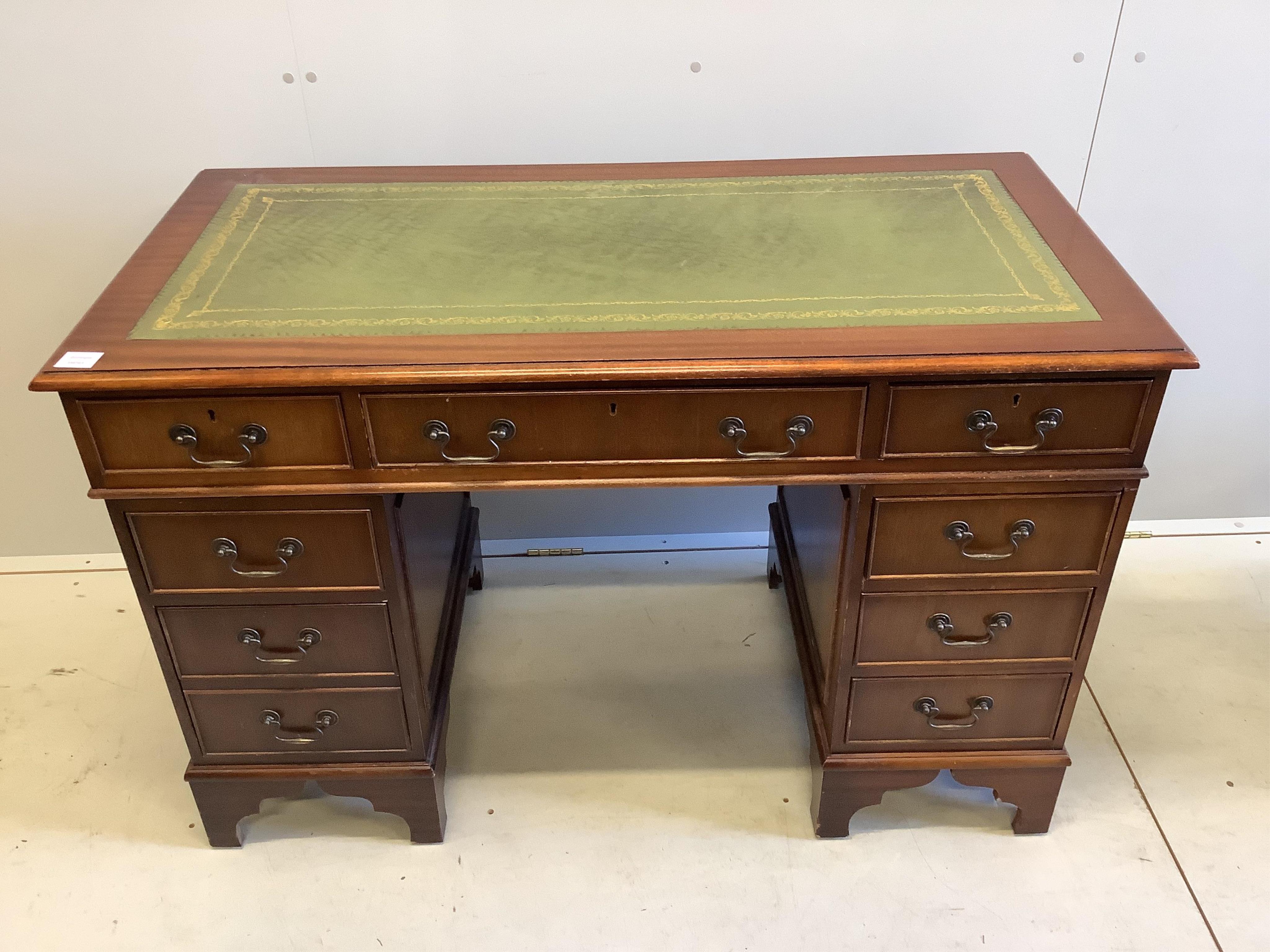 A George III style mahogany pedestal desk, width 122cm, depth 60cm, height 79cm. Condition - good